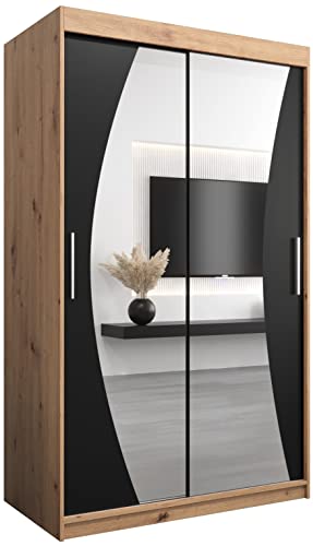 MEBLE KRYSPOL Wave 120 Schlafzimmerschrank mit Zwei Schiebetüren, Spiegel, Kleiderstange und Regalen – 120x200x62cm - Artisan + Mattschwarz von MEBLE KRYSPOL