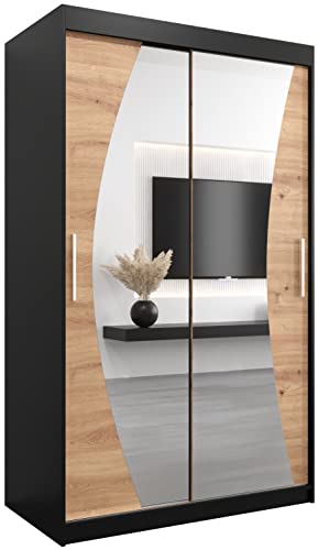 MEBLE KRYSPOL Wave 120 Schlafzimmerschrank mit Zwei Schiebetüren, Spiegel, Kleiderstange und Regalen – 120x200x62cm - Mattschwarz + Artisan von MEBLE KRYSPOL