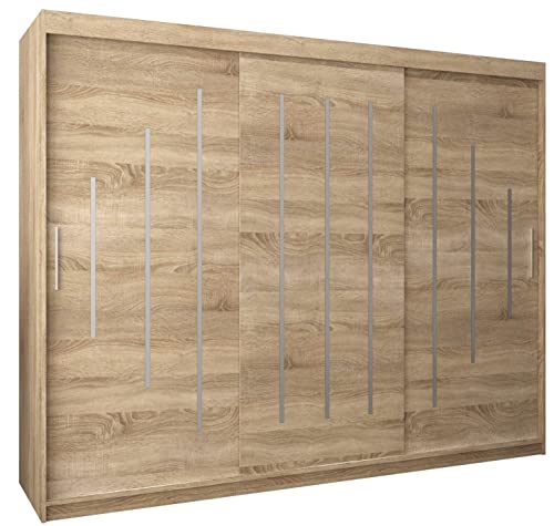 Kryspol Schwebetürenschrank York 250 cm Kleiderschrank mit Kleiderstange und Einlegeboden Schlafzimmer- Wohnzimmerschrank Schiebetüren Modern Design (Sonoma) von MEBLE KRYSPOL