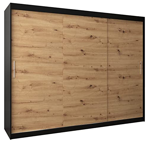 MEBLE KRYSPOL Tokyo 250 Kleiderschrank mit DREI Schiebetüren für Schlafzimmer – moderner Aufbewahrungsschrank mit Kleiderstange und Regalen – 250x200x62cm - Mattschwarz + Artisan von MEBLE KRYSPOL