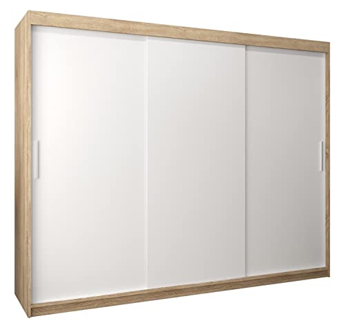 MEBLE KRYSPOL Tokyo 250 Kleiderschrank mit DREI Schiebetüren für Schlafzimmer – moderner Aufbewahrungsschrank mit Kleiderstange und Regalen – 250x200x62cm - Sonoma + Mattweiß von MEBLE KRYSPOL