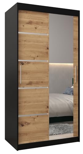 MEBLE KRYSPOL Verona 2 100 Schlafzimmerschrank mit Zwei Schiebetüren, Spiegel, Kleiderstange und Regalen – 100x200x62cm - Mattschwarz + Artisan von MEBLE KRYSPOL