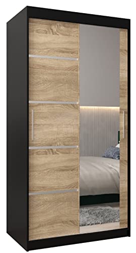 MEBLE KRYSPOL Verona 2 100 Schlafzimmerschrank mit Zwei Schiebetüren, Spiegel, Kleiderstange und Regalen – 100x200x62cm - Mattschwarz + Sonoma von MEBLE KRYSPOL