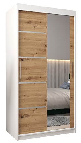 MEBLE KRYSPOL Verona 2 100 Schlafzimmerschrank mit Zwei Schiebetüren, Spiegel, Kleiderstange und Regalen – 100x200x62cm - Mattweiß + Artisan von MEBLE KRYSPOL