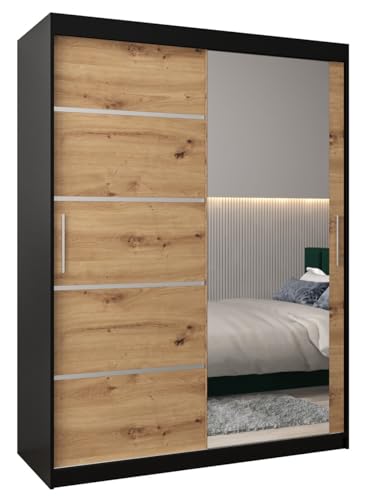 MEBLE KRYSPOL Verona 2 150 Schlafzimmerschrank mit Zwei Schiebetüren, Spiegel, Kleiderstange und Regalen – 150x200x62cm - Mattschwarz + Artisan von MEBLE KRYSPOL