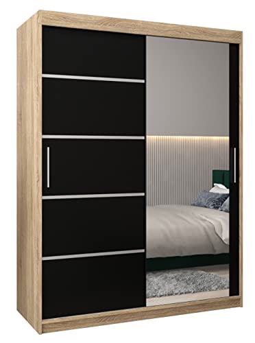 MEBLE KRYSPOL Verona 2 150 Schlafzimmerschrank mit Zwei Schiebetüren, Spiegel, Kleiderstange und Regalen – 150x200x62cm - Sonoma + Mattschwarz von MEBLE KRYSPOL