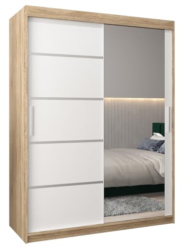 MEBLE KRYSPOL Kleiderschrank mit Spiegel Verona 2 - Garderobenschrank - Schrank Schlafzimmer - Mehrzweckschrank Zwei Schiebetüren - Regalen - Flur Möbel - Kleiderstange Schrank - Allzweckschrank von MEBLE KRYSPOL