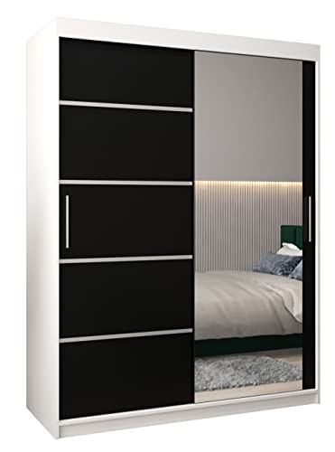 MEBLE KRYSPOL Verona 2 150 Schlafzimmerschrank mit Zwei Schiebetüren, Spiegel, Kleiderstange und Regalen – 150x200x62cm - Mattweiß + Mattschwarz von MEBLE KRYSPOL