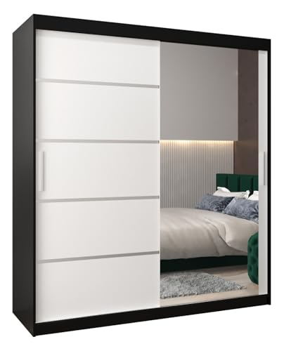 MEBLE KRYSPOL Verona 2 180 Schlafzimmerschrank mit Zwei Schiebetüren, Spiegel, Kleiderstange und Regalen – 180x200x62cm - Mattschwarz + Mattweiß von MEBLE KRYSPOL