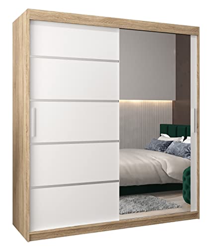 MEBLE KRYSPOL Verona 2 180 Schlafzimmerschrank mit Zwei Schiebetüren, Spiegel, Kleiderstange und Regalen – 180x200x62cm - Sonoma + Mattweiß von MEBLE KRYSPOL