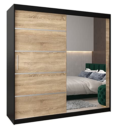 MEBLE KRYSPOL Verona 2 200 Schlafzimmerschrank mit Zwei Schiebetüren, Spiegel, Kleiderstange und Regalen – 200x200x62cm - Mattschwarz + Sonoma von MEBLE KRYSPOL