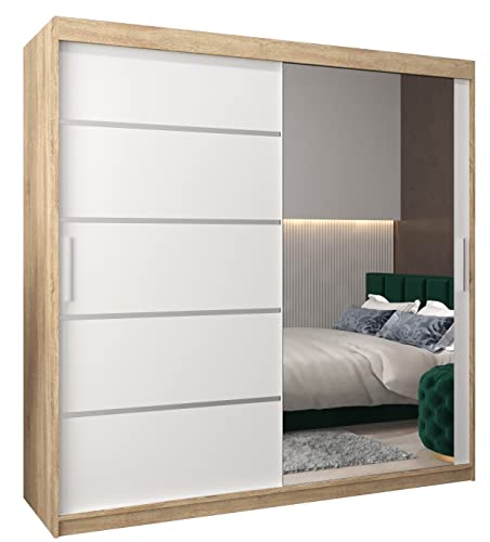 MEBLE KRYSPOL Verona 2 200 Schlafzimmerschrank mit Zwei Schiebetüren, Spiegel, Kleiderstange und Regalen – 200x200x62cm - Sonoma + Mattweiß von MEBLE KRYSPOL