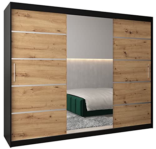 MEBLE KRYSPOL Verona 2 250 Schlafzimmerschrank mit DREI Schiebetüren, Spiegel, Kleiderstange und Regalen – 250x200x62cm - Mattschwarz + Artisan von MEBLE KRYSPOL