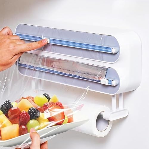 3 in 1 Frischhaltefolienspender mit Cutter, Küchenrollenhalterung mit Alufolienspender und Frischhalte, Fach Schneidabroller für Küchenrolle, Alufolie, Frischhaltefolie von Kryvella