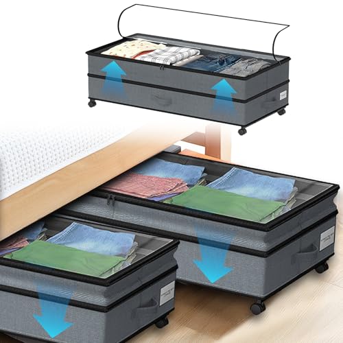 Bettkasten Aufbewahrungstasche Mit Rollen,Kleiderboxen Aufbewahrung mit Transparenter Deckel,Klamotten Aufbewahrung mit Reißverschluss&Griff,Faltbare Unterbettkommode,Aufbewahrungsbox Kleidung von Kryvella
