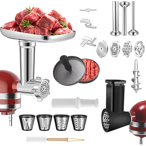 Fleischwolf & Hobel Aktenvernichter Aufsätze für KitchenAid Standmixer, Kitchenaid Zubehör Mixer mit 3 Wurstfüllhörner, 3 Schleifklingen, 4 Käsereibe Aufsätze, 4 Mahlscheibe und Burgerpresse von Kryvella