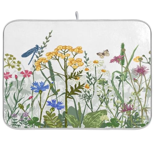 Ksajwzf Abtropfmatte mit bunten Kräutern, Blumen, 45,7 x 61 cm, für Küchentheke, Frühlings- und Sommerblätter, saugfähige Mikrofaser-Abtropfmatte, Abtropfmatte von Ksajwzf