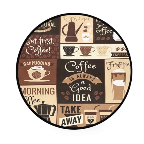 Ksajwzf Runde Teppiche, 91 cm, modernes Poster, Kaffee-Themen, moderner Teppich, rutschfeste Unterseite, weicher Teppich, Kinderspielmatte, Retro-Teppich, für Eingangsbereich, Wohnzimmer, von Ksajwzf