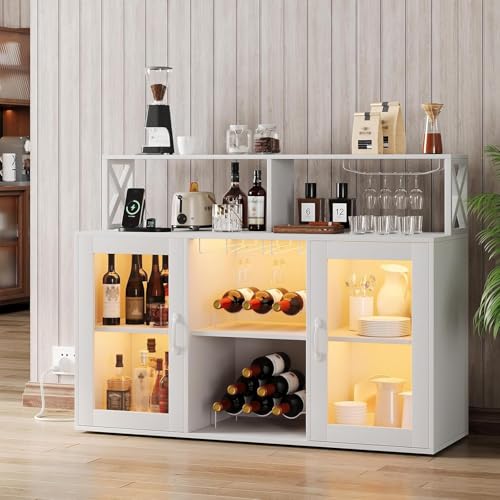 Kselythan Kaffeebar-Schrank mit LED-Lichtern, Weinbar-Schrank, Liköraufbewahrung mit Steckdosen und Weinregalen, Glashalter für Zuhause, Büro, Weiß von Kselythan