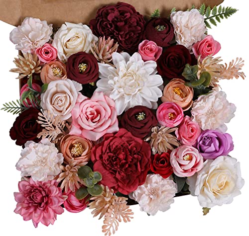 Ksnnrsng Künstliche Blumenköpfe Rosen Pfingstrosen Dahlien Blumen Köpfe Blütenköpfe Seidenblumen Kunstblumen für Party DIY Braut Hochzeit Blumenarrangements Combo Deko (Wine Red) von Ksnnrsng