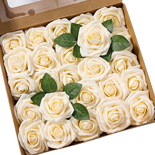 Künstliche Rosen Blumen Schaumrosen Foamrosen Kunstblumen Rosenköpfe Gefälschte Kunstrose Rose DIY Hochzeit Blumensträuße Braut Zuhause Dekoration (25 Stück, Champagner) von Ksnnrsng