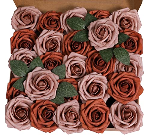 Künstliche Rosen Blumen Schaumrosen Foamrosen Kunstblumen Rosenköpfe Gefälschte Kunstrose Rose DIY Hochzeit Blumensträuße Braut Zuhause Dekoration (25 Stück, Mix Karamellfarbe Orange) von Ksnnrsng