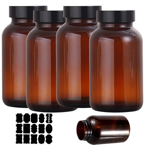 Ksnowqi 4 Stück Vorratsdosen Glas Set, 500ml Braunglüser mit Deckel und Schraubverschluss, Braunglasflaschen mit Etiketten für Aufbewahrung Gewürze, Nüsse von Ksnowqi