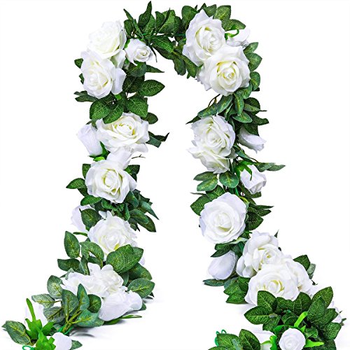 Künstlich Rosen Blumengirlande Kunstblumen Seidenblumen Blumen Rose Girlande Hängend Rebe für Zuhause Wand Hochzeit Bogen Anordnung Dekoration (2 Stücke, 9 Blumen - Weiß) von Ksnnrsng