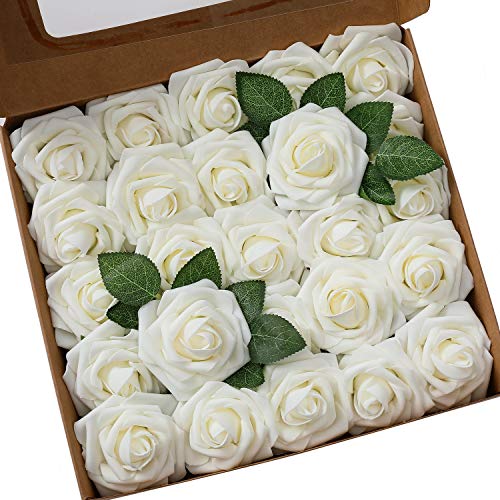 Künstliche Rosen Blumen Schaumrosen Foamrosen Kunstblumen Rosenköpfe Gefälschte Kunstrose Rose DIY Hochzeit Blumensträuße Braut Zuhause Dekoration (25 Stück, Elfenbein) von Ksnnrsng