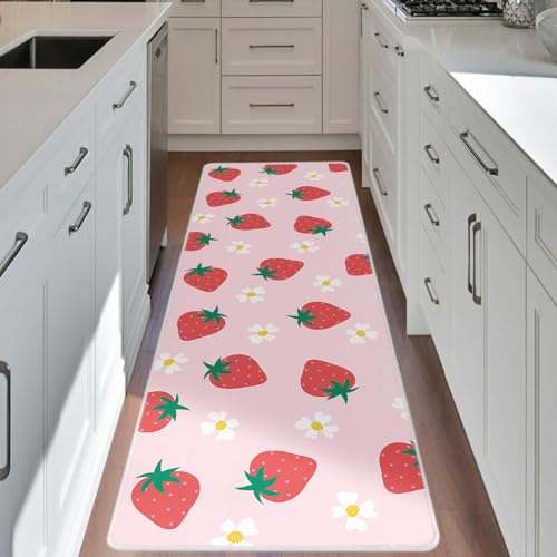Ksriylm Moderner Flurläufer mit rosa Erdbeerblumen, weich, 60 x 180 cm, rutschfester Teppich, Läufer, Bodenteppich für Schlafzimmer, Küche, Esszimmer, waschbarer Eingangsbereich von Ksriylm