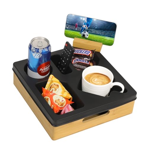 Kssiaz Couch Getränkehalter Tablett, Sofatablett Couch Butler mit drehbarem Handyhalter, Wasserdicht Anti-Spill Sofa Bett Organizer Snackbox Flaschenhalter für Snacks Getränke, Schwarz von Kssiaz