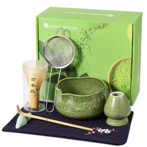 Kssiaz Matcha Besen Set, 7 Stück Matcha-Tee-Set für Teezeremonie und die Zubereitung von Frühstück, Matcha-Schale mit Ausguss, Matcha-Besen & Halter, Sieb, Löffel, Geschenk für Matcha-Liebhaber, Grün von Kssiaz