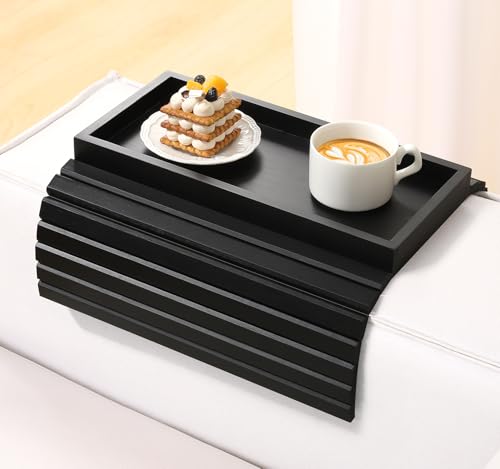 Kssiaz Sofatablett Armlehne, Bambus Sofa Tablett Sofa Ablage, Faltbares Couch Tablett Armlehne, Rutschfestes Sofa Armlehnentablett Sofatablett mit Getränkehalter für Snacks/Handy/Tassen, Schwarz von Kssiaz