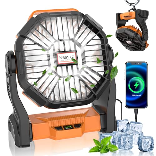 Kssvzz Camping Ventilator 20000mAh, 72 Stunden Akku Ventilator, 4 Geschwindigkeiten Tragbarer Ventilators mit LED Licht & Haken, 270° Drehung, USB Fan für Outdoor Picknick Zuhause Büros, Orange von Kssvzz