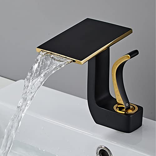 Wasserfall Wasserhahn Bad, Waschtischarmatur, Wascharmatur Bad Aus Messing, Kaltes Und HeißEs Wasser Mischbatterie Waschbecken, Einhebelmischer Waschbecken, Waschtischarmatur Wasserfall,Black+gold von Ksunun