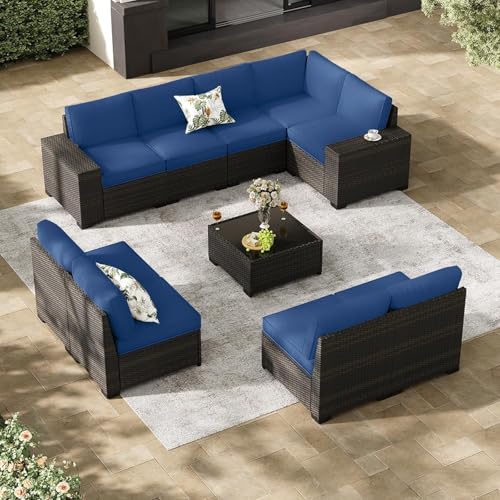 KswyyuwxgqI 10-teiliges Outdoor-Terrassenmöbel-Set mit Kissen, Glas-Couchtisch, linke und rechte Armlehne, Rattan, Gesprächssitz für Garten, Veranda, Hinterhof (Blau 2) von KswyyuwxgqI
