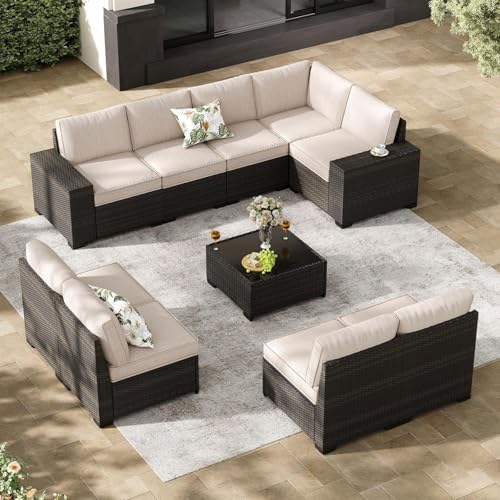 KswyyuwxgqI 10-teiliges Outdoor-Terrassenmöbel-Set mit Kissen, Glas-Couchtisch, linke und rechte Armlehne, Rattan, Gesprächssitzgruppe für Garten, Veranda, Hinterhof (Beige) von KswyyuwxgqI