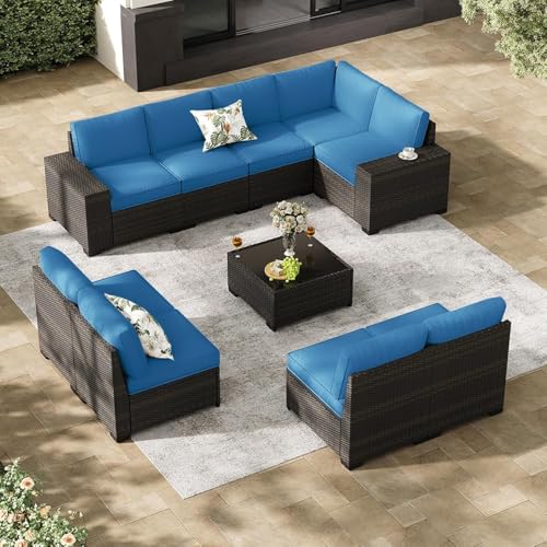 KswyyuwxgqI 10-teiliges Outdoor-Terrassenmöbel-Set mit Kissen, Glas-Couchtisch, linke und rechte Armlehne, Rattan, Gesprächssitzgruppe für Garten, Veranda, Hinterhof (blau) von KswyyuwxgqI