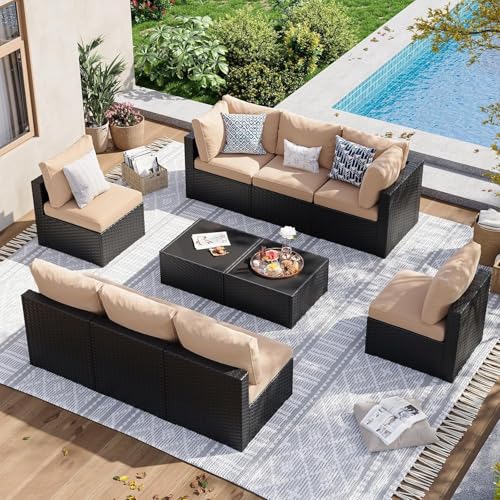 KswyyuwxgqI 10-teiliges Terrassenmöbel-Set mit Rattan-Sektionalsofa, verdickte Kissen, Outdoor-Sitzmöbel für Terrasse, Garten und Hinterhof, Entspannung (beige) von KswyyuwxgqI