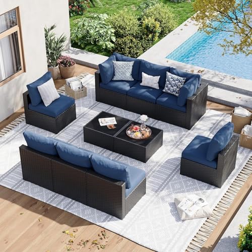 KswyyuwxgqI 10-teiliges Terrassenmöbel-Set mit Rattan-Sektionalsofa, verdickte Kissen, Outdoor-Sitzmöbel für Terrasse, Garten und Hinterhof, Entspannung (blau) von KswyyuwxgqI