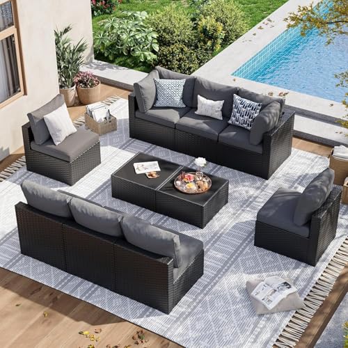 KswyyuwxgqI 10-teiliges Terrassenmöbel-Set mit Rattan-Sektionalsofa, verdickten Kissen, Outdoor-Sitzmöbel für Terrasse, Garten und Hinterhof, Entspannung (grau) von KswyyuwxgqI