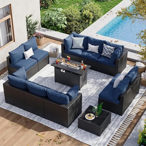 KswyyuwxgqI 12-teiliges Outdoor-Terrassenmöbel-Set mit 111,8 cm Feuerstellentisch, Rattan-Sektionalsofa, verdickten Kissen, Outdoor-Sitzmöbel für Garten und Hinterhof (blau) von KswyyuwxgqI