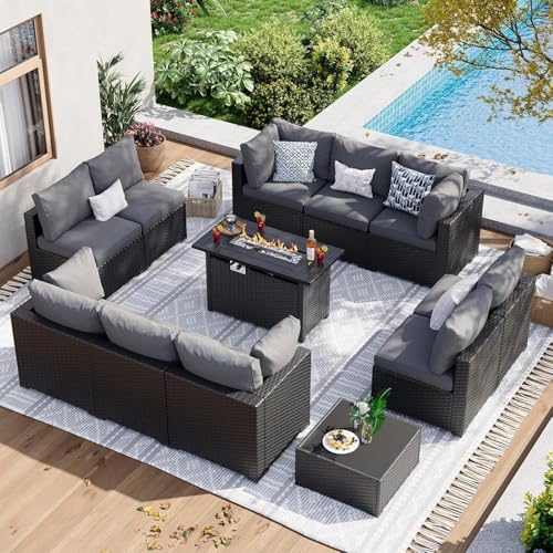 KswyyuwxgqI 12-teiliges Outdoor-Terrassenmöbel-Set mit 111,8 cm Feuerstellentisch, Rattan-Sektionalsofa, verdickten Kissen, Outdoor-Sitzmöbel für Garten und Hinterhof (grau) von KswyyuwxgqI