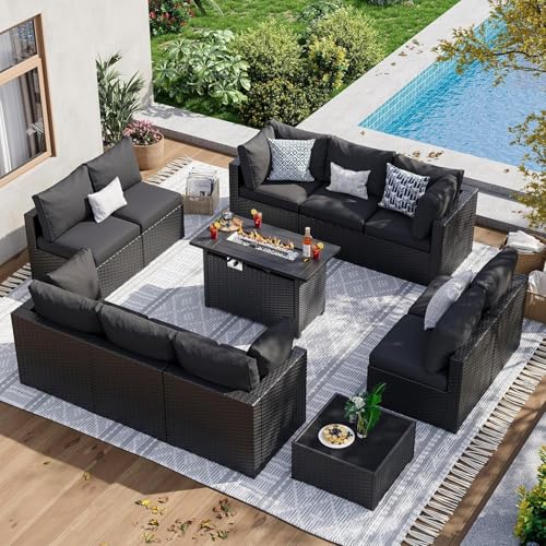 KswyyuwxgqI 12-teiliges Outdoor-Terrassenmöbel-Set mit 111,8 cm Feuerstellentisch, Rattan-Sektionalsofa, verdickten Kissen, Outdoor-Sitzmöbel für Garten und Hinterhof (schwarz) von KswyyuwxgqI