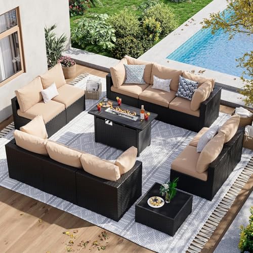 KswyyuwxgqI 12-teiliges Outdoor-Terrassenmöbel-Set mit 111,8 cm Feuerstellentisch, Rattan-Sektionalsofa, verdickten Kissen, Sitzmöbel für Garten und Hinterhof (beige) von KswyyuwxgqI