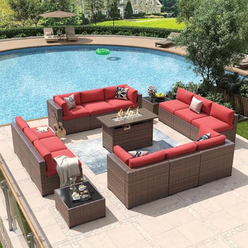 KswyyuwxgqI 15-teiliges Outdoor-Terrassenmöbel-Set mit Propangas-Feuerstelle, Sektional-Rattan-Sofa mit Couchtisch und dicken Kissen für Hinterhof, Deck, Garten oder Veranda-Lounge von KswyyuwxgqI