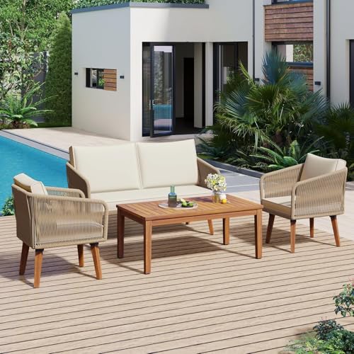 KswyyuwxgqI 4-teiliges Allwetter-Terrassen-Gesprächsset mit Kissen, Sektionalsofa-Set mit Zweisitzer, 2 Stühlen und Tisch, Terrassenmöbel für Hinterhof, Pool, Lounge, Sitzbereich von KswyyuwxgqI