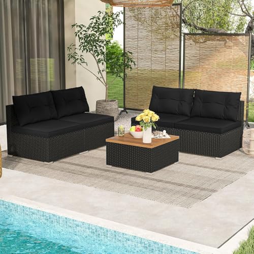 KswyyuwxgqI 5-teiliges Terrassenmöbel-Set für den Außenbereich, Sektionalsofa mit Akazienholz, Couchtischkissen, Korbgeflecht, Terrasse, Gesprächsset für Veranda, Terrasse, Balkon, Pool, Hinterhof von KswyyuwxgqI