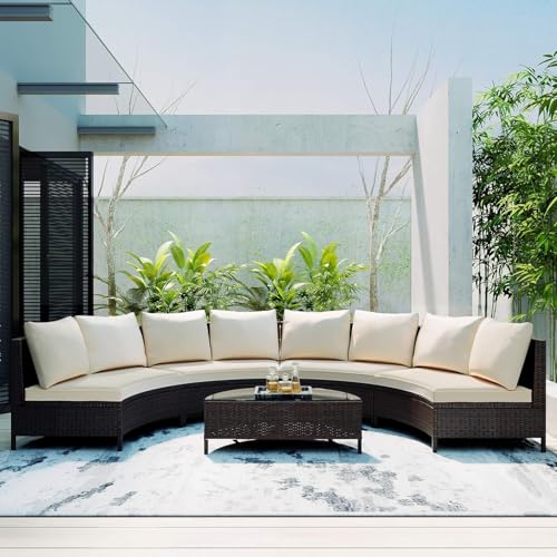 KswyyuwxgqI 5-teiliges Terrassenmöbel-Set für den Außenbereich, halbmondförmig, gebogenes Sektionalsofa mit beigefarbenen Kissen und Glas-Couchtisch, PE-Rattan-Gesprächs-Couch-Set für Hinterhof, Deck von KswyyuwxgqI