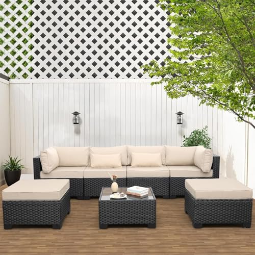 KswyyuwxgqI 7-teiliges Gartenmöbel-Set aus Polyethylen-Geflecht mit Rattan-Sektionalsofa, khakifarbenen Kissen und Couchtisch mit Glasplatte, Wetter-Outdoor-Gesprächsset für Garten, Hinterhof, Veranda von KswyyuwxgqI